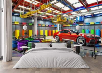 Vibrant auto body shop with rows of colorful paint cans, spraying equipment, and a sleek car on a hydraulic lift amidst a backdrop of tools and gears. Wall mural