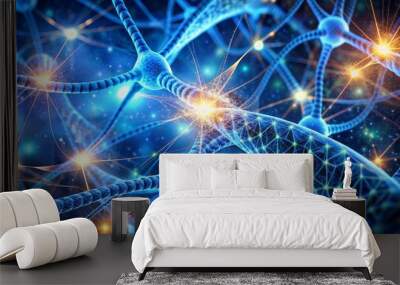 Vibrant blue digital neurons intertwine with glowing helix DNA strands, symbolizing the synergy of artificial intelligence and biology in deciphering intricate disease mechanisms. Wall mural