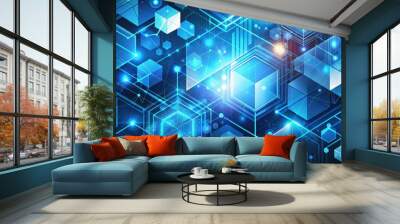 Vibrant blue geometric pattern with abstract shapes and lines, creating a modern and futuristic graphic background for technology, business, and innovative designs. Wall mural