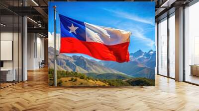 Vibrant Chilean flag waves proudly in the Andes mountain breeze, symbolizing national pride and freedom on Independence Day, amidst a scenic blue sky backdrop. Wall mural