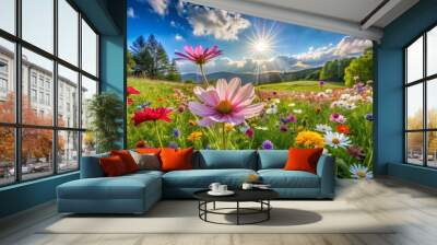 Vibrant colorful flowers bloom in lush green grass, scattered across a serene white meadow, creating a peaceful and idyllic scene perfect for designs and backgrounds. Wall mural