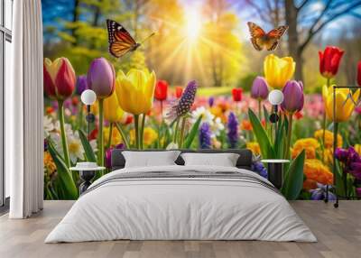 Vibrant colorful flowers including tulips, daffodils, and hyacinths bloom in a lush green garden surrounded by fluttering butterflies on a sunny spring day. Wall mural