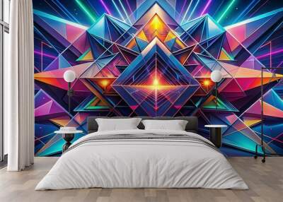 Vibrant geometric shapes and bold lines converge in a mesmerizing abstract design, against a dark backdrop, evoking a Wall mural