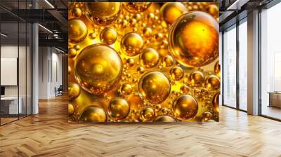 Vibrant golden yellow oil bubble background with shimmering iridescent sheen, mesmerizing abstract texture, and sleek modern aesthetic, perfect for futuristic and luxurious designs. Wall mural