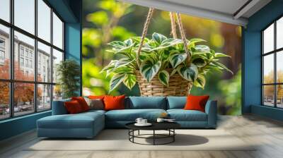 Vibrant green and white variegated leaves sprout from a potted plant suspended in mid-air by a rustic rope, against a blurred natural background. Wall mural