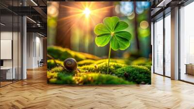 Vibrant green shamrock leaf illuminated by warm sun ray hosts tiny snail in serene forest setting, capturing intimate beauty of nature's miniature world. Wall mural