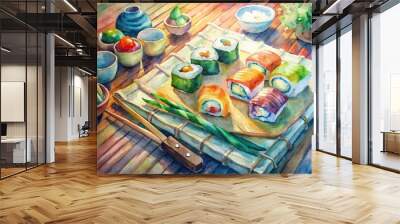 Vibrant kitchen scene featuring artfully arranged sushi and rolls on wooden boards, surrounded by bamboo mats, sharp knives, and traditional Japanese cooking utensils. Wall mural