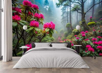 Vibrant pink rhododendron flowers bloom amidst misty Himalayan forest, Nepal, with delicate petals and lush green leaves contrasting against a serene natural background. Wall mural