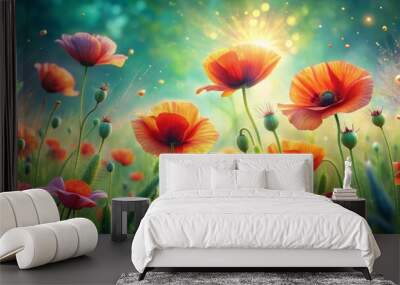 Vibrant poppies sway amidst a lush green grassy field, set against a soft, dreamy floral background, created with stunning generative AI illustrations. Wall mural