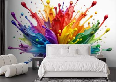 Vibrant rainbow paint burst explodes in mid-air, splattering colorful droplets against a transparent background, symbolizing freedom, diversity, and joy in a dynamic, energetic display. Wall mural