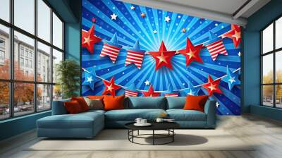 Vibrant red, white, and blue banner with festive stars and stripes, perfect for celebrating Independence Day, freedom, and patriotism on the 4th of July. Wall mural