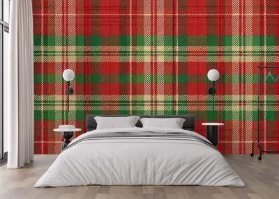 Vibrant red and green plaid textured fabric background with subtle woven pattern creating a rustic, earthy, and festive atmosphere, perfect for holiday or outdoors themes. Wall mural