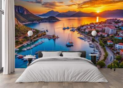 Vibrant sundown aerial view of Kas township's marina and coastal area in Antalya Province, Turkey, featuring turquoise waters, sailboats, and Mediterranean landscape. Wall mural