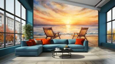 Warm golden light casts a serene atmosphere as two chairs sit empty, facing a tranquil sea beach at sunset, symbolizing friendship and togetherness. Wall mural