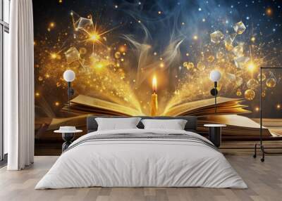 Whimsical golden sparks surround elegant cursive script, illuminating mystical fantasy scene with ancient tomes, crystals, and wispy smoke, evoking sense of wonder and enchantment. Wall mural