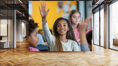 A teacher and students engaged in a lively debate, with hands raised and expressive gestures, capturing the dynamics of the discussion Wall mural