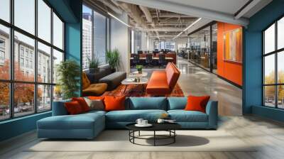 An office space designed in maximalist style, showcasing bold fonts, layered textures, and an unexpected color palette, with erratic layouts and overlapping shapes creating a dynamic environment Wall mural