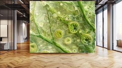 Close-up of a microscopic view of algae, showing cell structure and chloroplasts, high detail, scientific illustration Wall mural