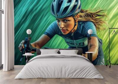 Create an ultra-detailed, photorealistic half-body portrait of a female cyclist wearing a helmet, gripping the handlebars. The background is a dynamic gradient of green and blue Wall mural