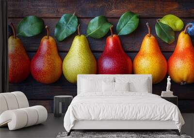 Flat Lay of a variety of pears arranged in a pyramid shape on a rustic wooden surface, focusing on their unique shapes and subtle color variations, hyper-realistic, high detail, photorealistic Wall mural