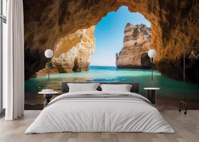 photo of sandy beach under the cave It's one of those places in Portugal. Wall mural