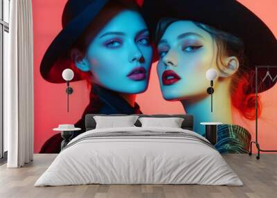 Stylish European models in high-fashion clothing, dramatic lighting, intense colors, editorial style, confident expressions, fashion magazine vibe Wall mural