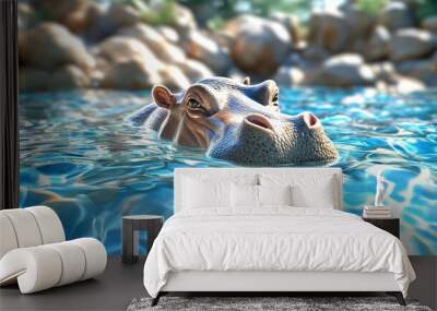 A close-up view of a hippo submerged in clear blue water, surrounded by smooth rocks, showcasing its graceful presence in nature. Wall mural