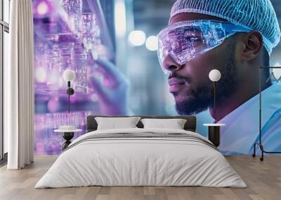 A focused researcher examines laboratory equipment through protective eyewear in a high-tech science facility. Wall mural