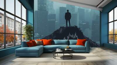 A lone businessman surveys a futuristic cityscape, symbolizing ambition and success amidst urban challenges. Wall mural