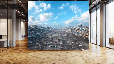 A panoramic view of a landfill site under a clear blue sky, showcasing heaps of waste and environmental concerns. Wall mural