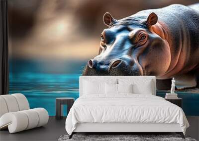 A serene hippopotamus wading in clear water, reflecting the beauty of nature and wildlife in a tranquil setting. Wall mural