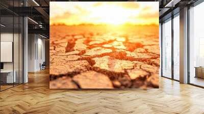 A stunning sunset over a cracked earth landscape, illustrating the impact of drought and climate change on the environment. Wall mural