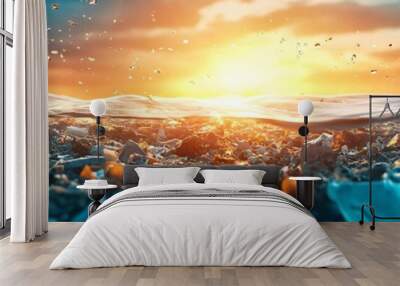 A stunning sunset over the ocean, capturing vibrant colors reflecting off the water's surface and creating a serene atmosphere. Wall mural