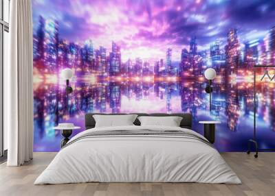 A vibrant city skyline illuminated by colorful lights, reflecting beautifully on the water under a dramatic sunset sky. Wall mural