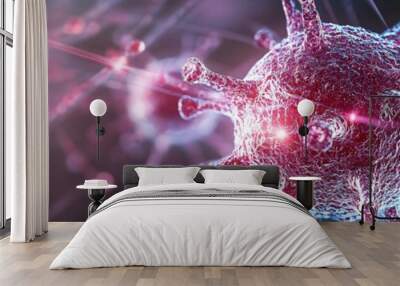 Abstract representation of a virus, showcasing its structure and connections, ideal for healthcare and scientific themes. Wall mural