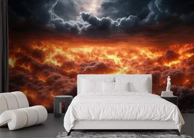 An intense landscape depicting fiery clouds illuminated by a dramatic lighting, showcasing the power of nature's fury. Wall mural