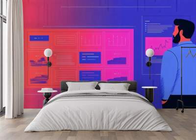 Businessman analyzing data metrics on colorful digital screens in a modern workspace, representing business growth and analysis. Wall mural