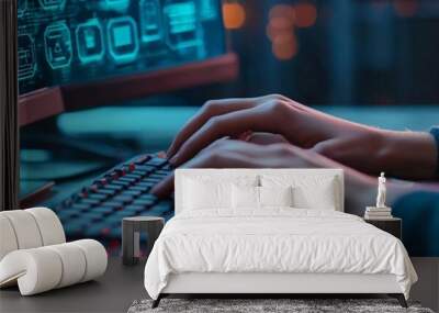 Close-up of hands typing on a keyboard in a dark environment with colorful screens, showcasing technology and workstation setup. Wall mural