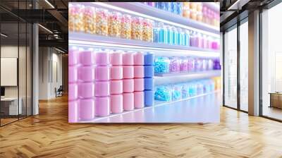 Colorful jars filled with decorative beads and candies arranged on a shelf, creating a vibrant and inviting display. Wall mural