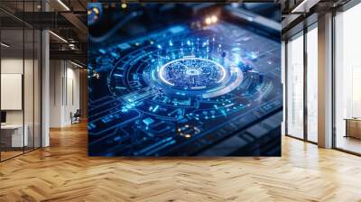 Futuristic interface showcasing advanced technology with glowing blue elements and intricate circuit patterns. Wall mural