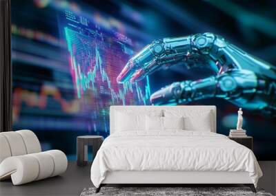 Futuristic robot hand interacting with digital stock market data, illustrating the intersection of technology and finance. Wall mural