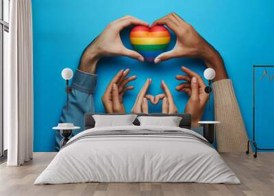 holding hands with rainbow hearts Photos that capture the theme of social activism and responsibility. which is a symbol of support for rights LGBTQ+ on a solid blue background Wall mural