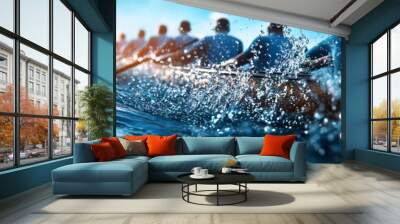 Powerful rowers maneuver through dynamic waters, creating splashes and showcasing teamwork under bright sunlight. Wall mural