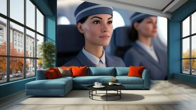 Professional cabin crew members seated in an airplane, showcasing modern uniforms and a calm in-flight atmosphere. Wall mural