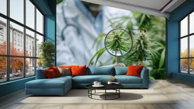 Researcher examining cannabis plant with magnifying glass in a lab, studying medical marijuana for pharmaceutical uses. Wall mural