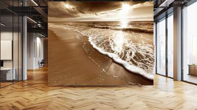 Scenic sepia-toned beach at sunset with gentle waves washing onto the shoreline, capturing the serene beauty of nature. Wall mural