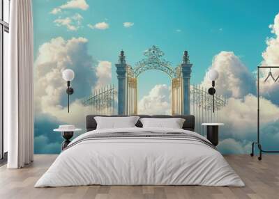 A majestic golden gate stands tall amidst fluffy white clouds, representing the ethereal doors to heaven and the promise of afterlife Wall mural