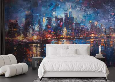 A painting of a city skyline with a body of water Wall mural