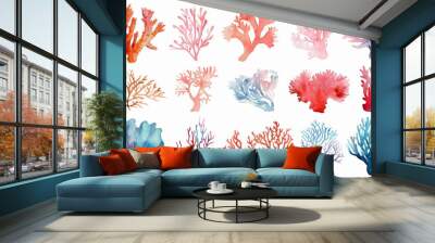 Watercolor drawings of various sea plants and corals reef Wall mural