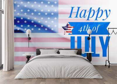 Happy 4th of July banner on waving USA flag background, USA independence day greeting card idea Wall mural